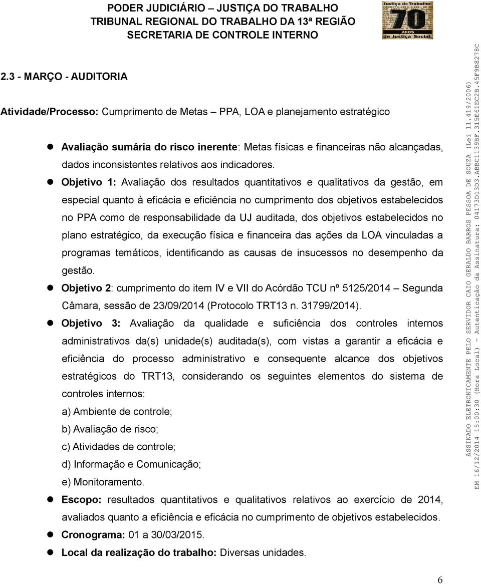 Objetivo 1: Avaliação dos resultados quantitativos e qualitativos da gestão, em especial quanto à eficácia e eficiência no cumprimento dos objetivos estabelecidos no PPA como de responsabilidade da