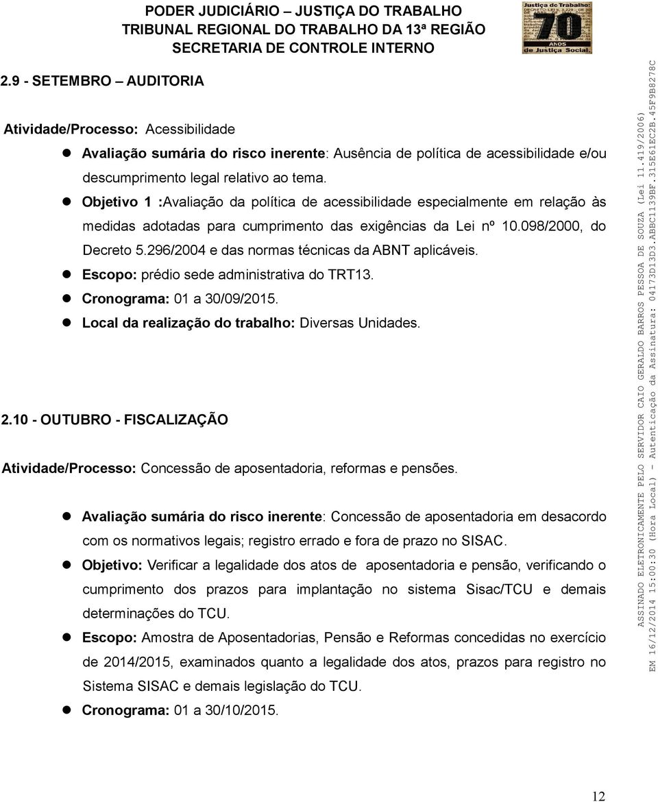 296/2004 e das normas técnicas da ABNT aplicáveis. Escopo: prédio sede administrativa do TRT13. Cronograma: 01 a 30/09/2015. Local da realização do trabalho: Diversas Unidades. 2.