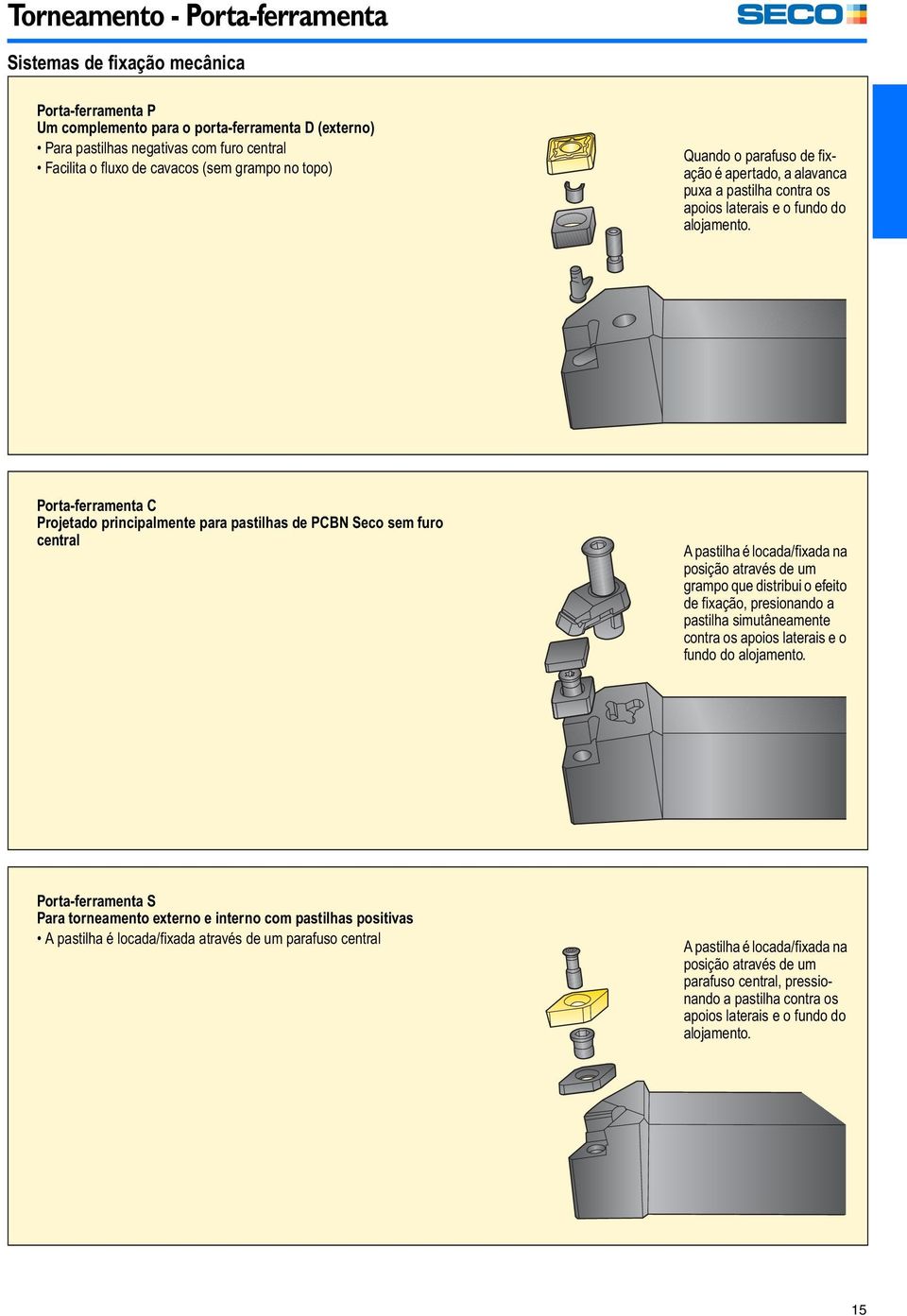 Porta-ferramenta C Projetado principalmente para pastilhas de PCBN Seco sem furo central A pastilha é locada/fixada na posição através de um grampo que distribui o efeito de fixação, presionando a