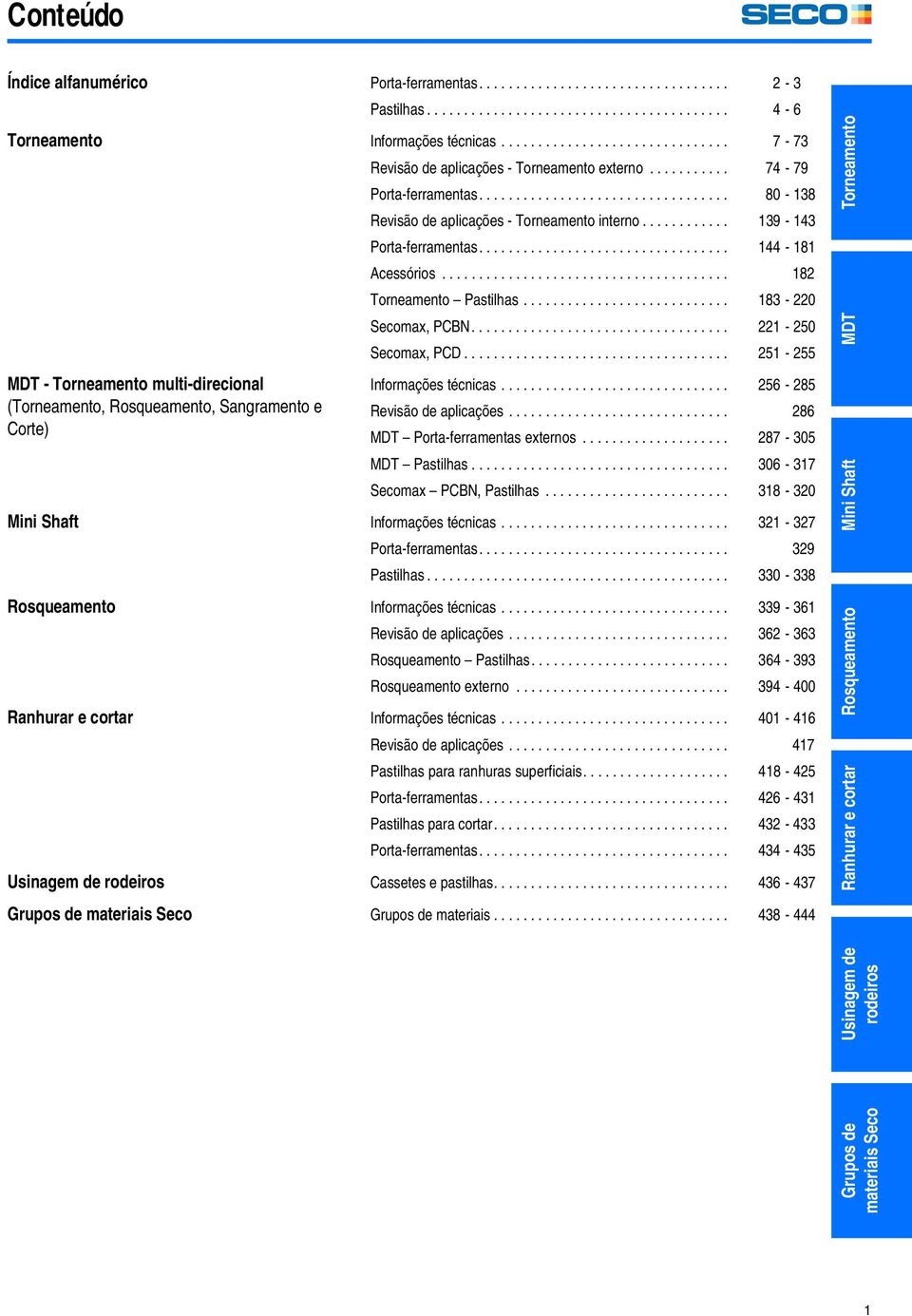 ........... 139-143 Porta-ferramentas.................................. 144-181 Acessórios....................................... 182 Torneamento Pastilhas............................ 183-220 Secomax, PCBN.