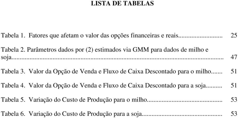 Valor da Opção de Venda e Fluxo de Caixa Descontado para o milho... 51 Tabela 4.