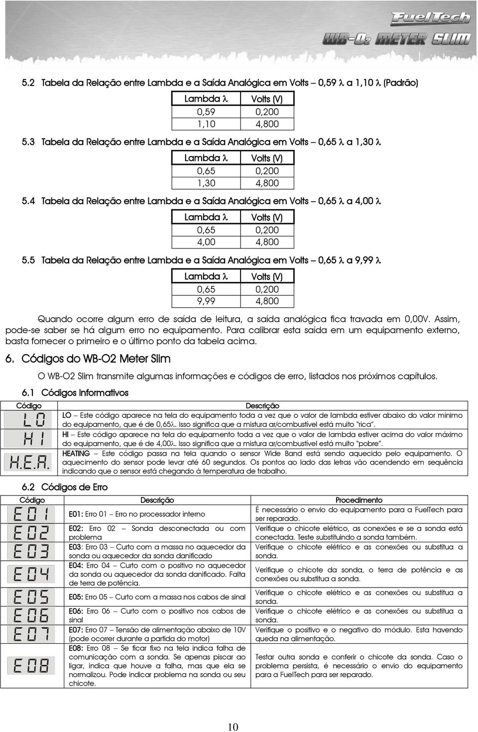 4 Tabela da Relação entre Lambda e a Saída Analógica em Volts 0,65 a 4,00 Lambda Volts (V) 0,65 0,200 4,00 4,800 5.