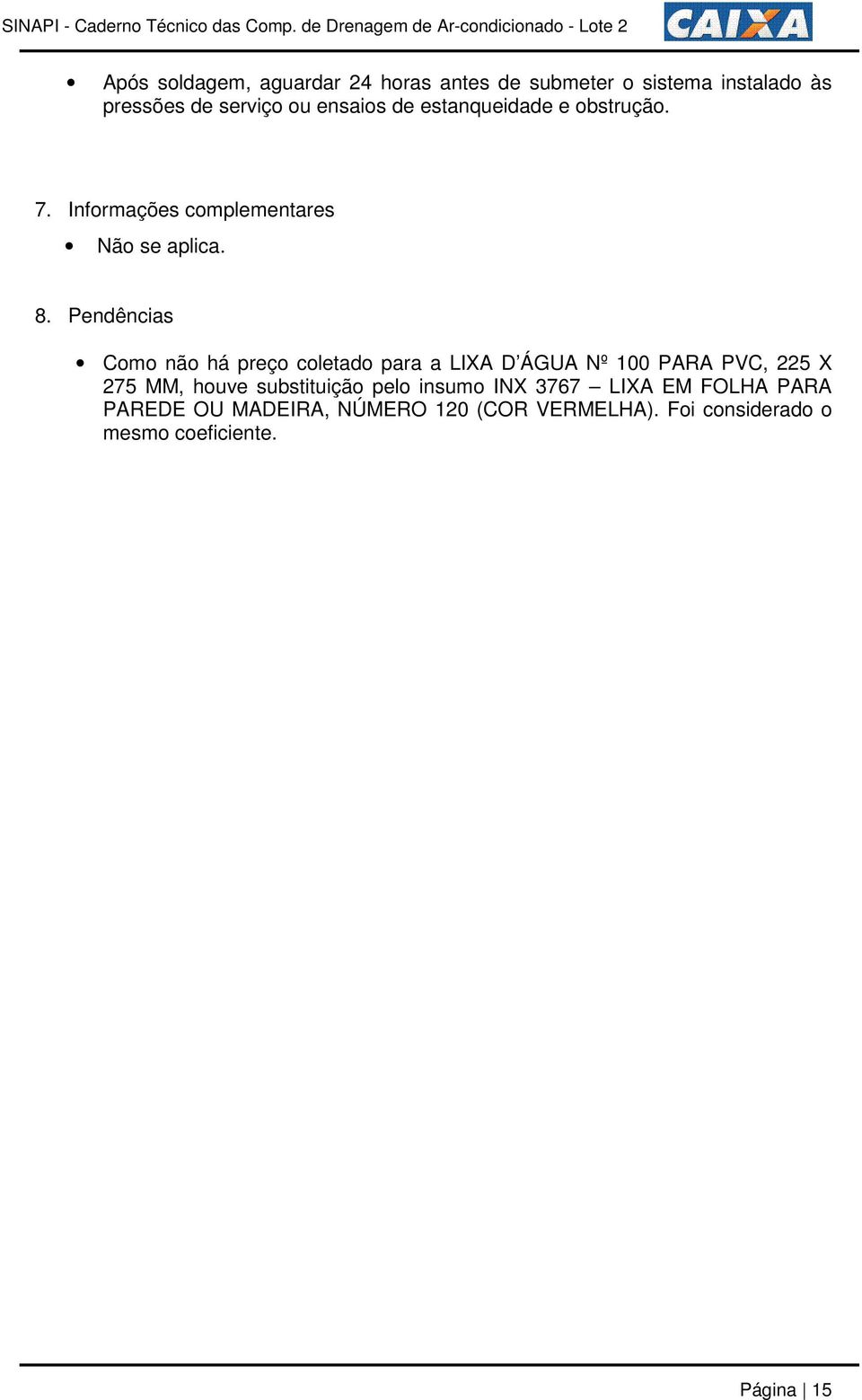 Pendências Como não há preço coletado para a LIXA D ÁGUA Nº 100 PARA PVC, 225 X 275 MM, houve