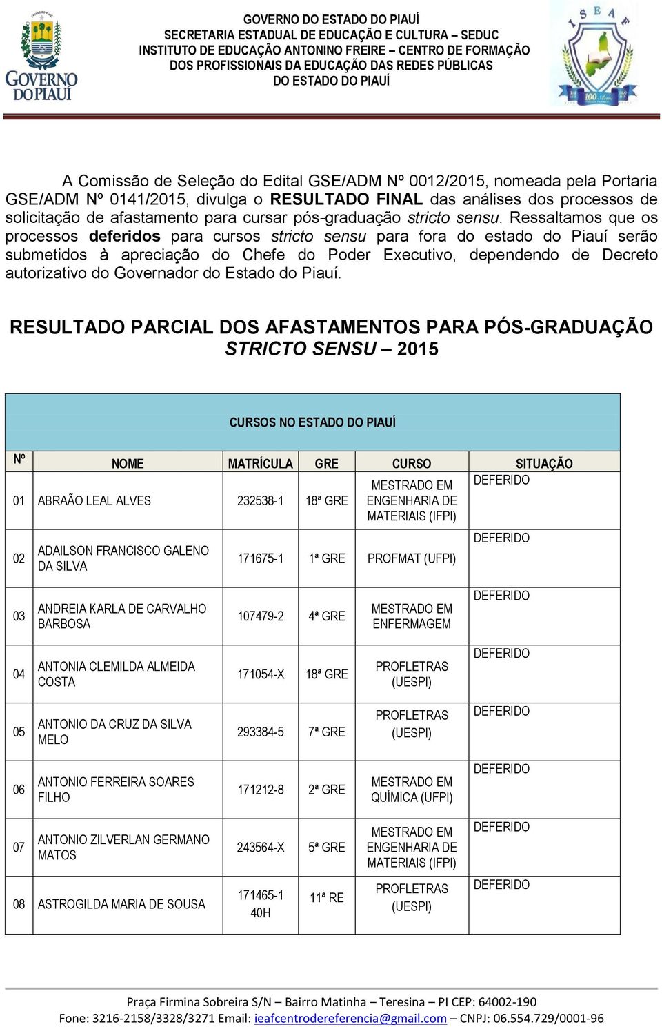 Ressaltamos que os processos deferidos para cursos stricto sensu para fora do estado do Piauí serão submetidos à apreciação do Chefe do Poder Executivo, dependendo de Decreto autorizativo do