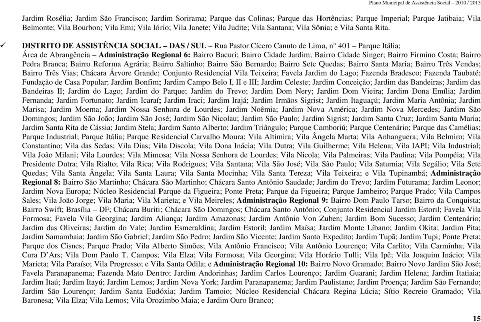 DISTRITO DE ASSISTÊNCIA SOCIAL DAS / SUL Rua Pastor Cícero Canuto de Lima, n 401 Parque Itália; Área de Abrangência Administração Regional 6: Bairro Bacuri; Bairro Cidade Jardim; Bairro Cidade