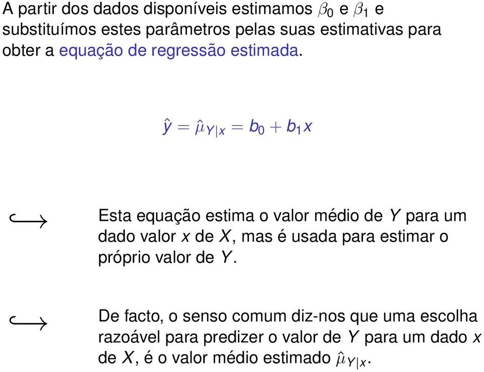 ŷ = ˆµ Y x = b 0 + b 1 x Esta equação estima o valor médio de Y para um dado valor x de X, mas é usada