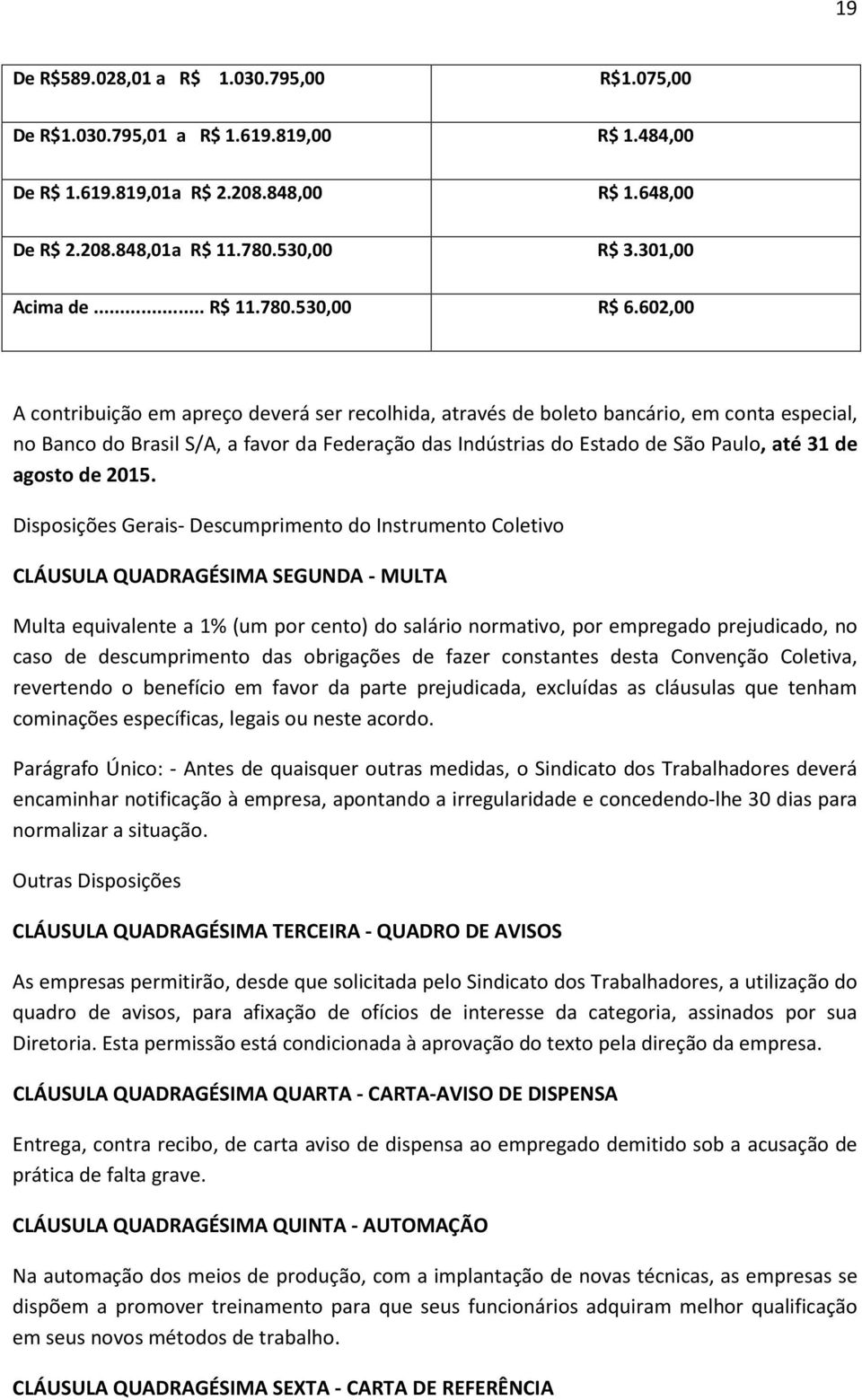 602,00 A contribuição em apreço deverá ser recolhida, através de boleto bancário, em conta especial, no Banco do Brasil S/A, a favor da Federação das Indústrias do Estado de São Paulo, até 31 de