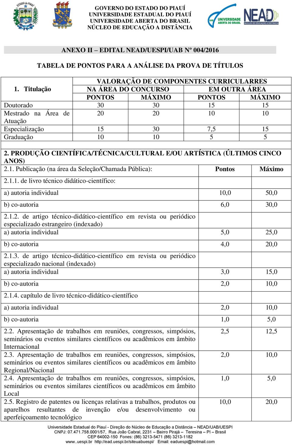 PRODUÇÃO CIENTÍFICA/TÉCNICA/CULTURAL E/OU ARTÍSTICA (ÚLTIMOS CINCO ANOS) 2.1. Publicação (na área da Seleção/Chamada Pública): Pontos Máximo 2.1.1. de livro técnico didático-científico: a) autoria individual 10,0 50,0 b) co-autoria 6,0 30,0 2.