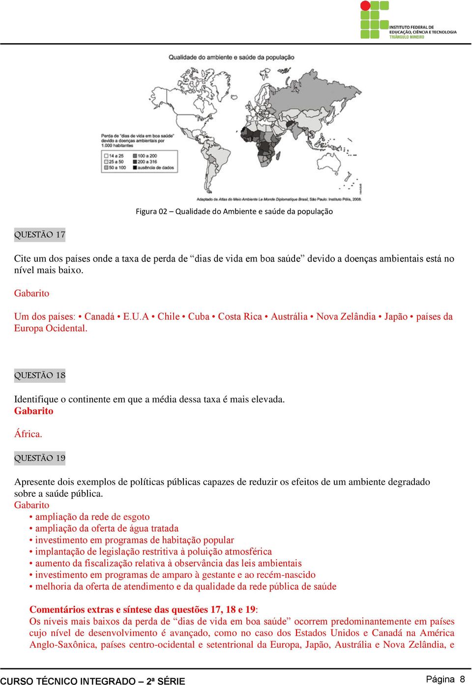 Gabarito África. QUESTÃO 19 Apresente dois exemplos de políticas públicas capazes de reduzir os efeitos de um ambiente degradado sobre a saúde pública.