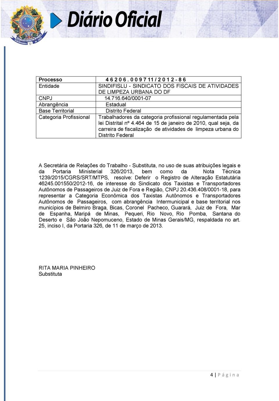 464 de 15 de janeiro de 2010, qual seja, da carreira de fiscalização de atividades de limpeza urbana do Distrito Federal A Secretária de Relações do Trabalho - Substituta, no uso de suas atribuições