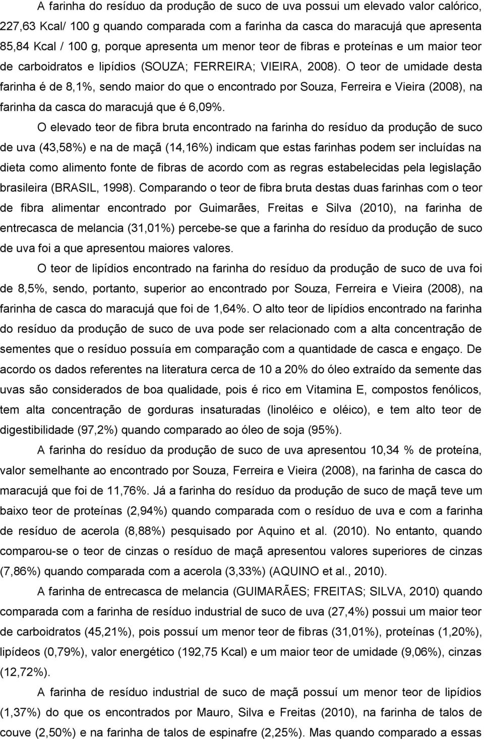 O teor de umidade desta farinha é de 8,1%, sendo maior do que o encontrado por Souza, Ferreira e Vieira (2008), na farinha da casca do maracujá que é 6,09%.