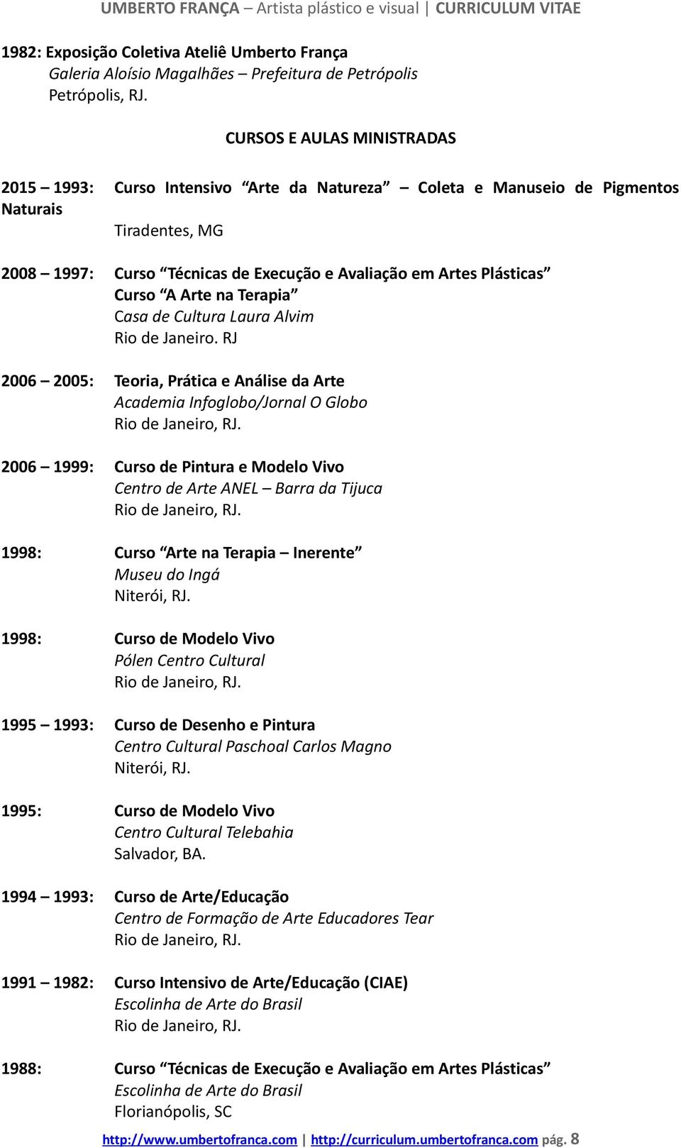 Curso A Arte na Terapia Casa de Cultura Laura Alvim Rio de Janeiro. RJ 2006 2005: Teoria, Prática e Análise da Arte Academia Infoglobo/Jornal O Globo.