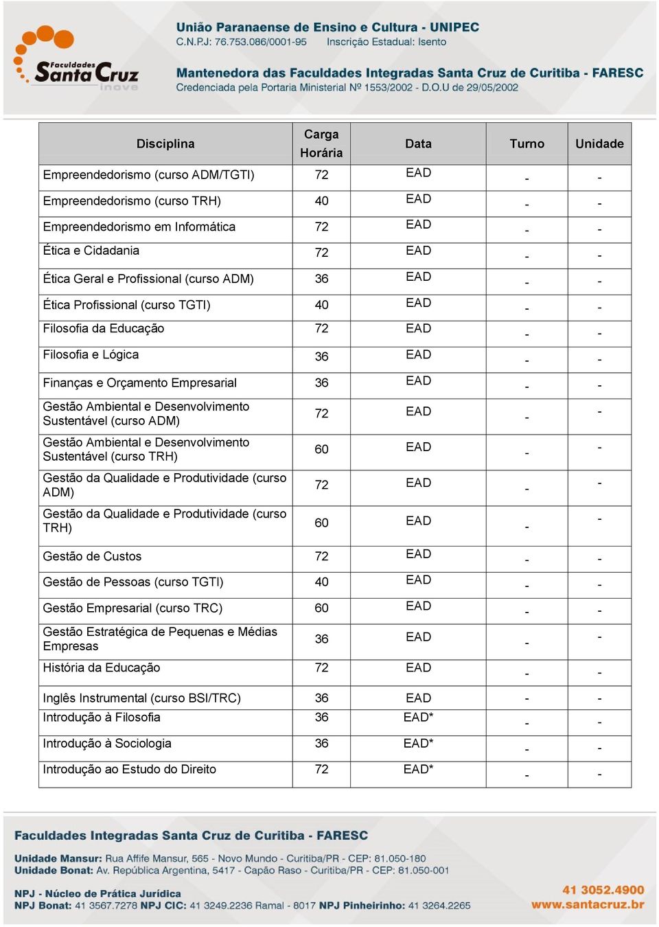 Sustentável (curso TRH) Gestão da Qualidade e Produtividade (curso ADM) 60 EAD Gestão da Qualidade e Produtividade (curso TRH) 60 EAD Gestão de Custos Gestão de Pessoas (curso TGTI) 40 EAD Gestão