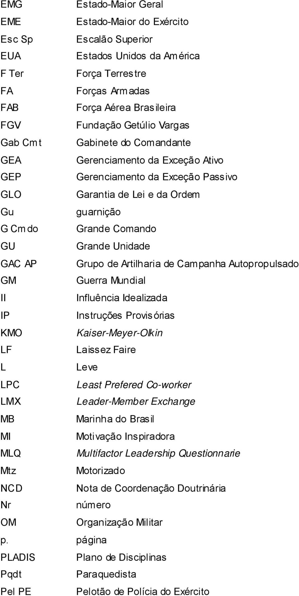 AP Grupo de Artilharia de Campanha Autopropulsado GM Guerra Mundial II Influência Idealizada IP Instruções Provisórias KMO Kaiser-Meyer-Olkin LF Laissez Faire L Leve LPC Least Prefered Co-worker LMX