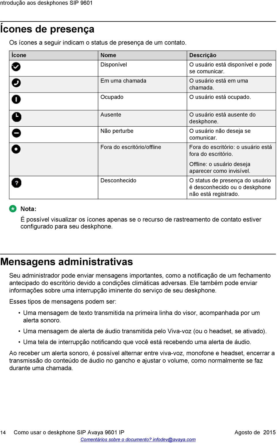 Ausente Não perturbe Fora do escritório/offline Desconhecido O usuário está ausente do deskphone. O usuário não deseja se comunicar. Fora do escritório: o usuário está fora do escritório.