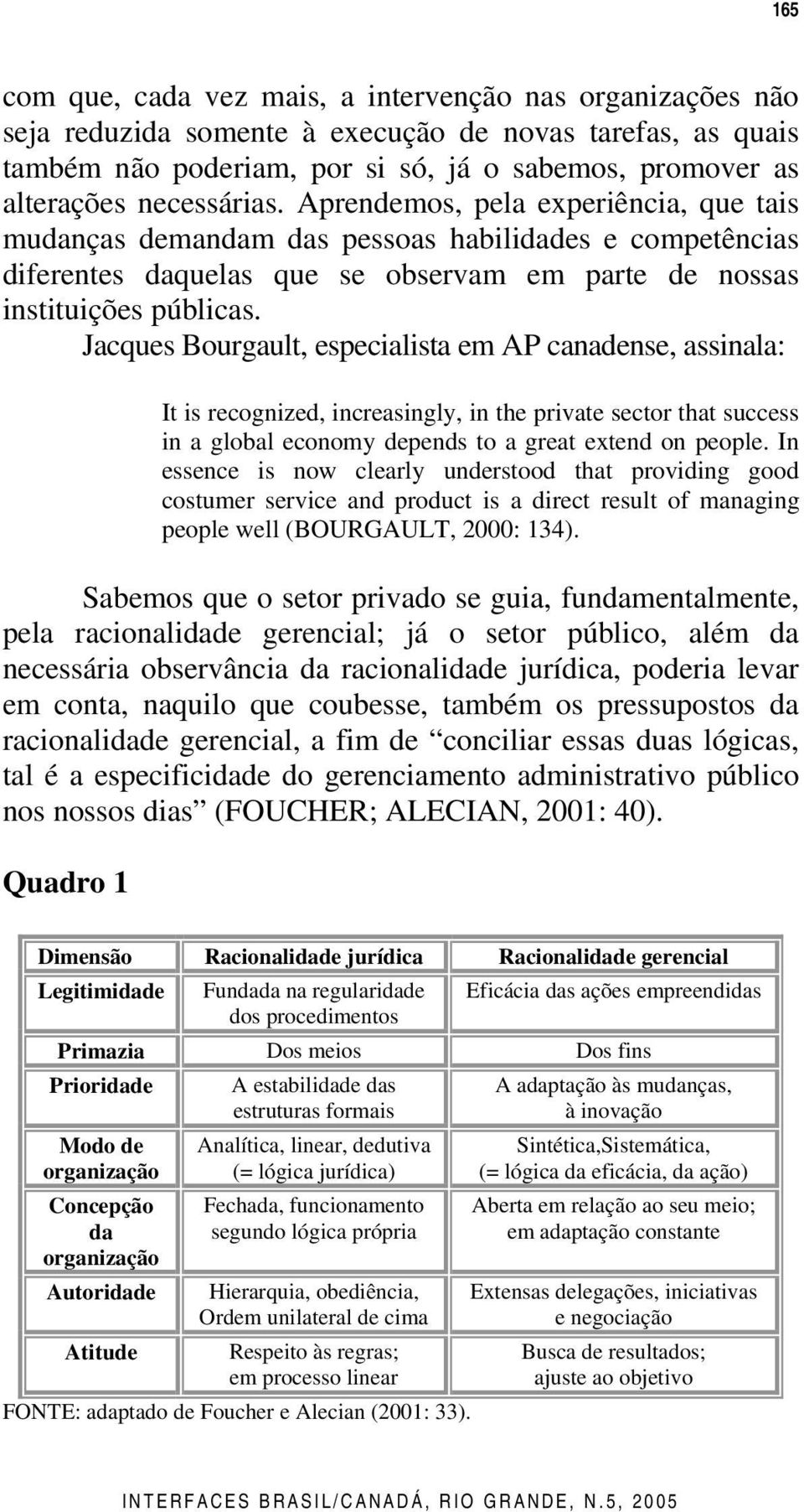 Jacques Bourgault, especialista em AP canadense, assinala: It is recognized, increasingly, in the private sector that success in a global economy depends to a great extend on people.