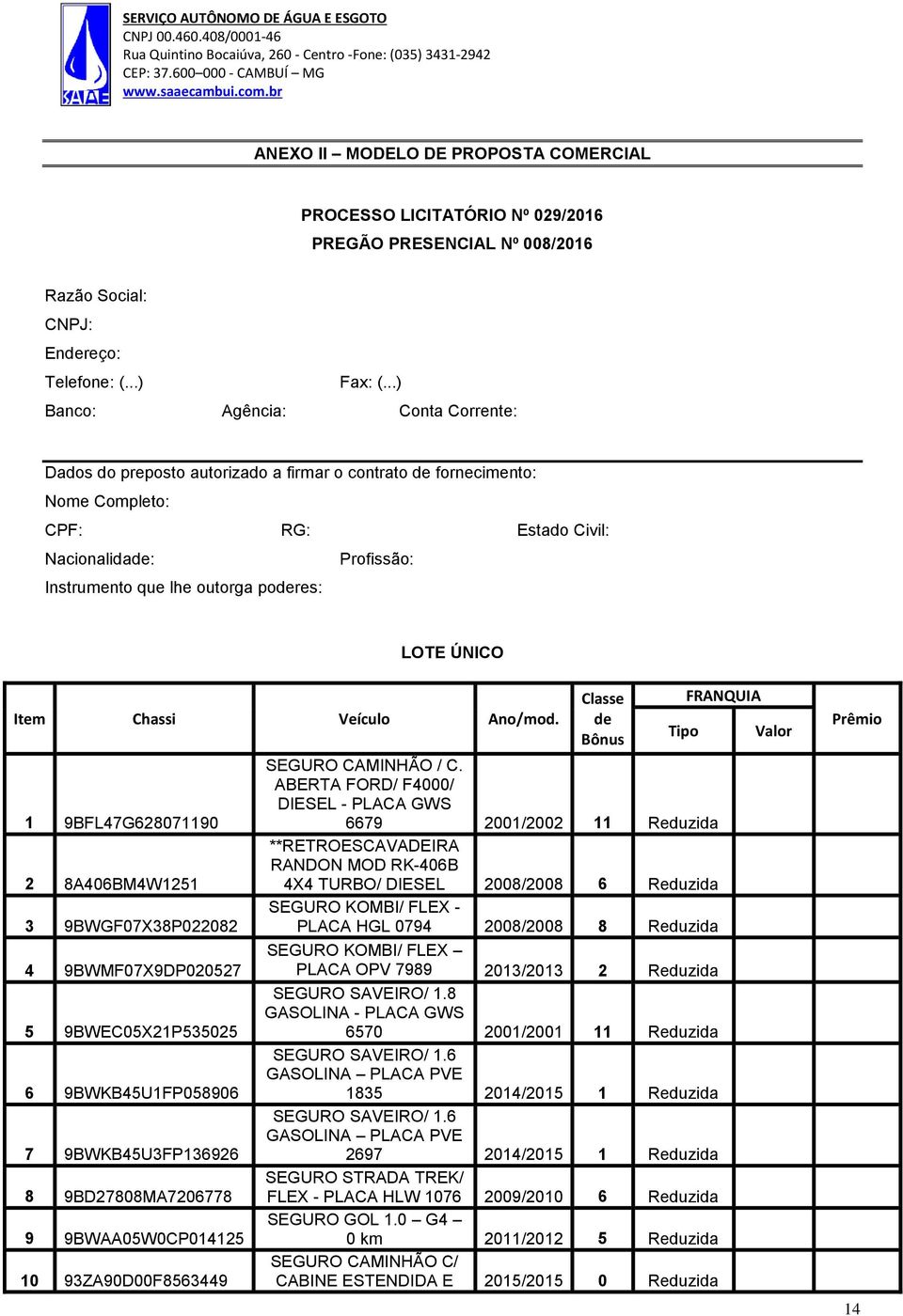 poderes: LOTE ÚNICO Item Chassi Veículo Ano/mod.