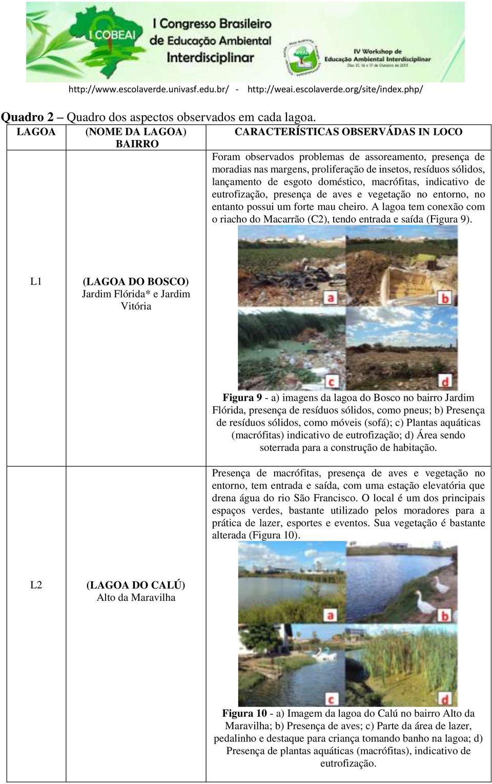 esgoto doméstico, macrófitas, indicativo de eutrofização, presença de aves e vegetação no entorno, no entanto possui um forte mau cheiro.