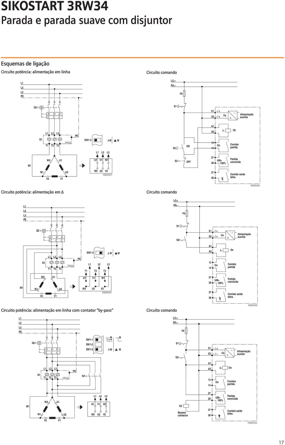 Circuito potência: alimentação em Circuito comando L/L+ L N/L L2 L3 F6 S Q2 I> I> I> S2 X / + X2 / + Us ~ Alimentação auxiliar A G L L2 L3 T T2 T3 3RW34 SW-3 Y L L2 L3 T T2 T3 A2 3 4 On IN On Contato
