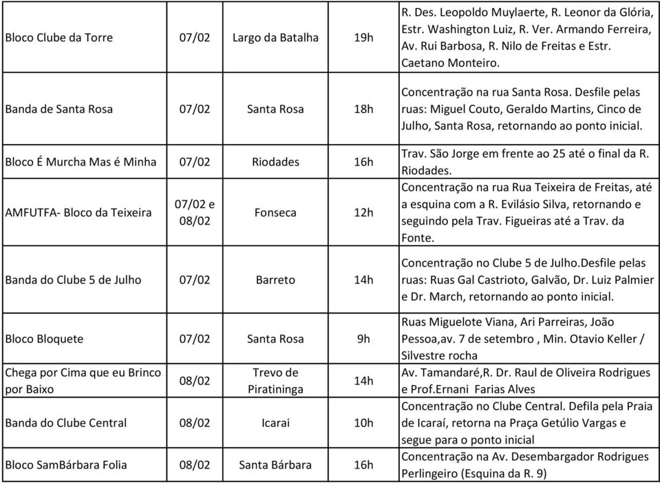 Folia 08/02 Santa Bárbara 16h R. Des. Leopoldo Muylaerte, R. Leonor da Glória, Estr. Washington Luiz, R. Ver. Armando Ferreira, Av. Rui Barbosa, R. Nilo de Freitas e Estr. Caetano Monteiro.