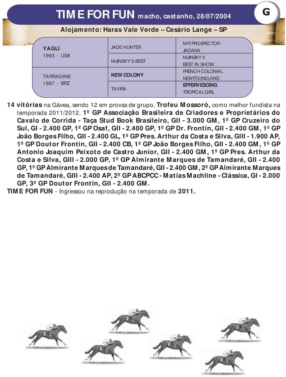 2011/2012, 1º GP Associação Brasileira de Criadores e Proprietários do Cavalo de Corrida - Taça Stud Book Brasileiro, GII - 3.000 GM, 1º GP Cruzeiro do Sul, GI - 2.400 GP, 1º GP Osaf, GII - 2.