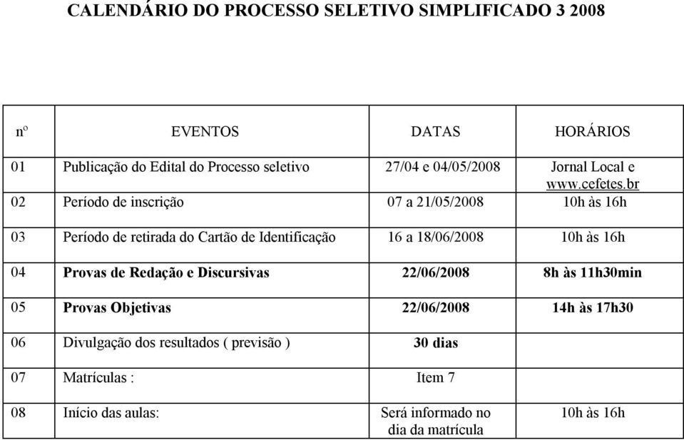 br 02 Período de inscrição 07 a 21/05/2008 10h às 16h 03 Período de retirada do Cartão de Identificação 16 a 18/06/2008 10h às 16h 04