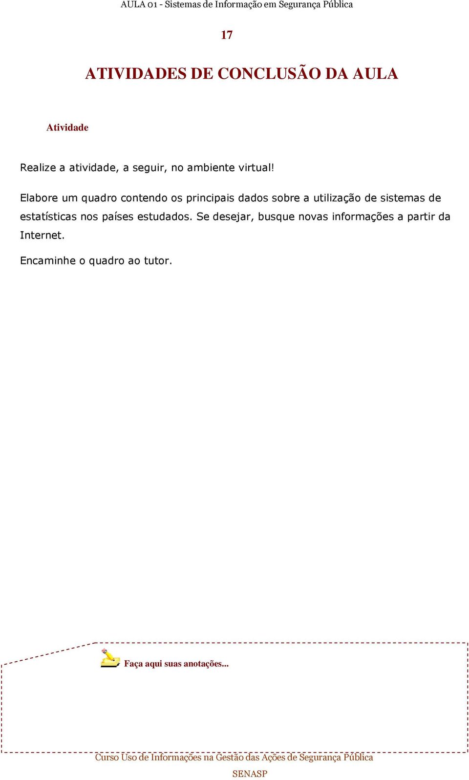 Elabore um quadro contendo os principais dados sobre a utilização de