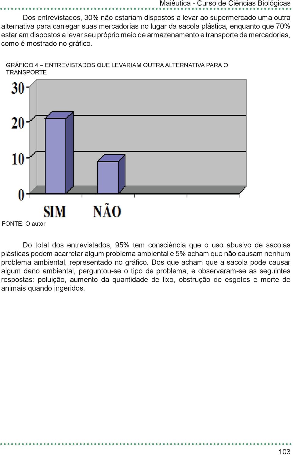 GRÁFICO 4 ENTREVISTADOS QUE LEVARIAM OUTRA ALTERNATIVA PARA O TRANSPORTE Do total dos entrevistados, 95% tem consciência que o uso abusivo de sacolas plásticas podem acarretar algum problema