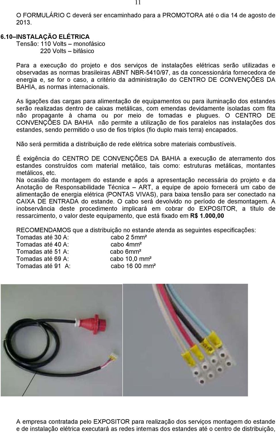 NBR-5410/97, as da concessionária fornecedora de energia e, se for o caso, a critério da administração do CENTRO DE CONVENÇÕES DA BAHIA, as normas internacionais.