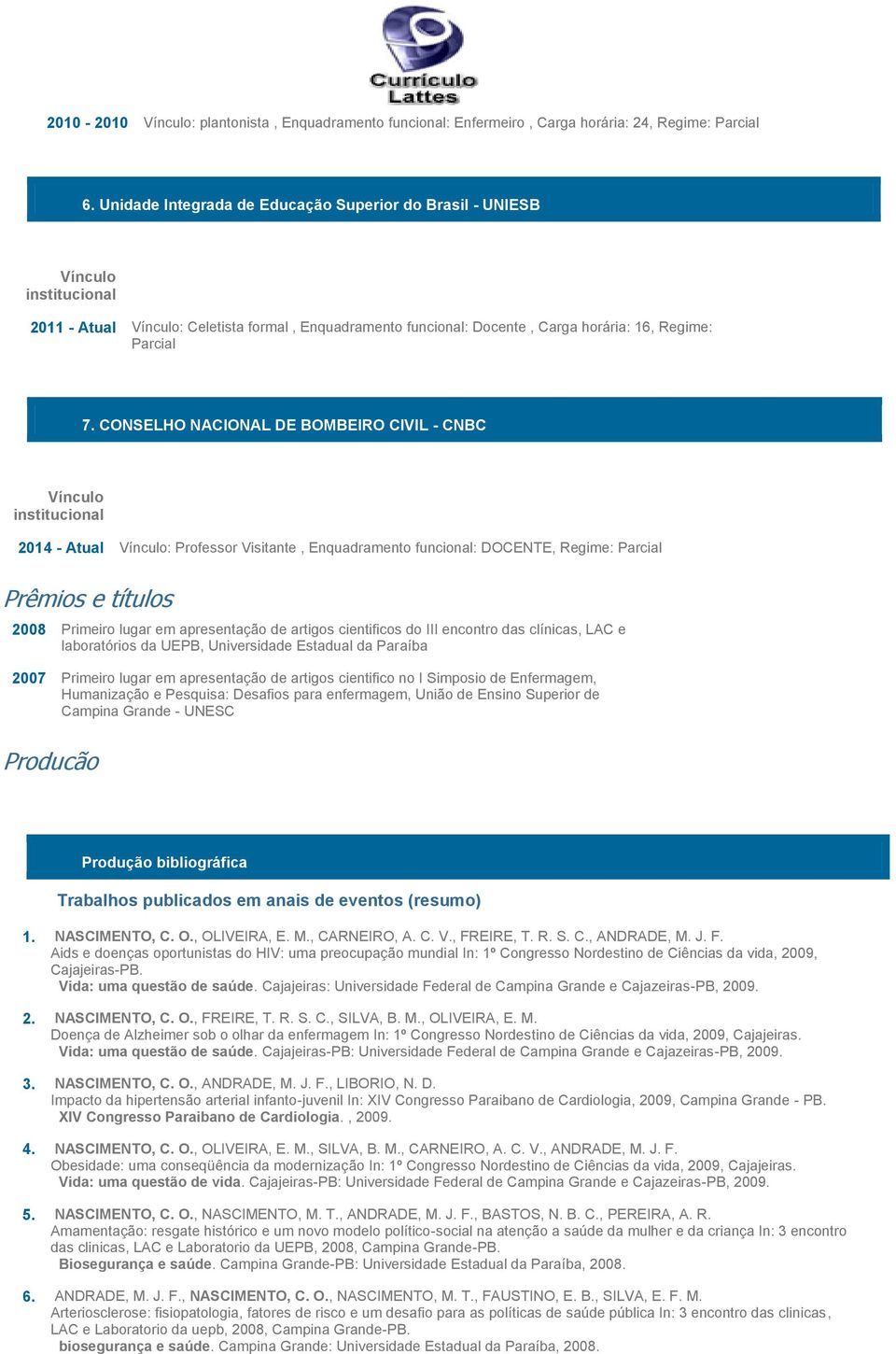 Prêmios e títulos 2008 Primeiro lugar em apresentação de artigos cientificos do III encontro das clínicas, LAC e laboratórios da UEPB, Universidade Estadual da Paraíba 2007 Primeiro lugar em