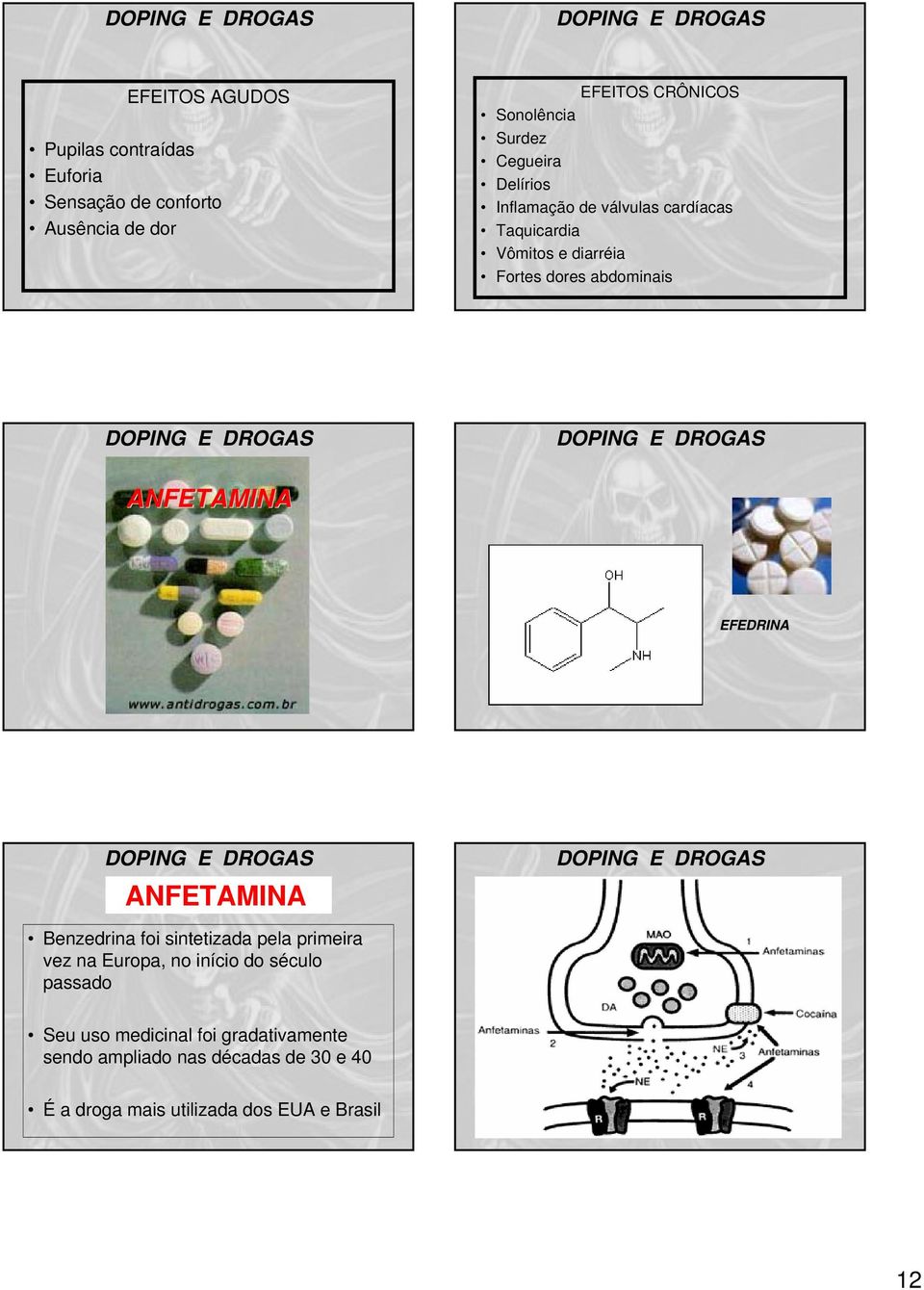 ANFETAMINA EFEDRINA ANFETAMINA Benzedrina foi sintetizada pela primeira vez na Europa, no início do século