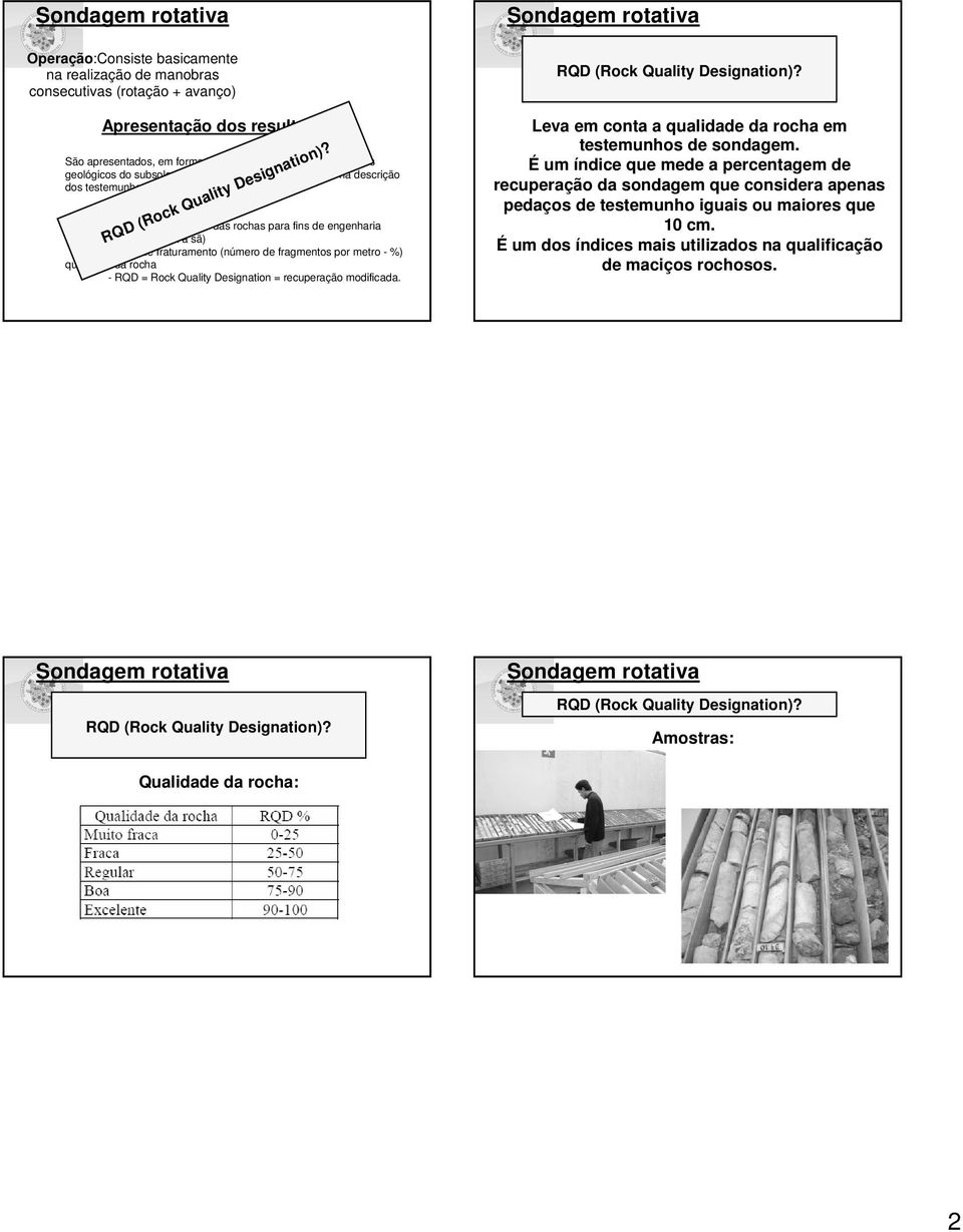 Grau de fraturamento (número de fragmentos por metro - %) qualidade da rocha - RQD = Rock Quality Designation = recuperação modificada. RQD (Rock Quality Designation)?