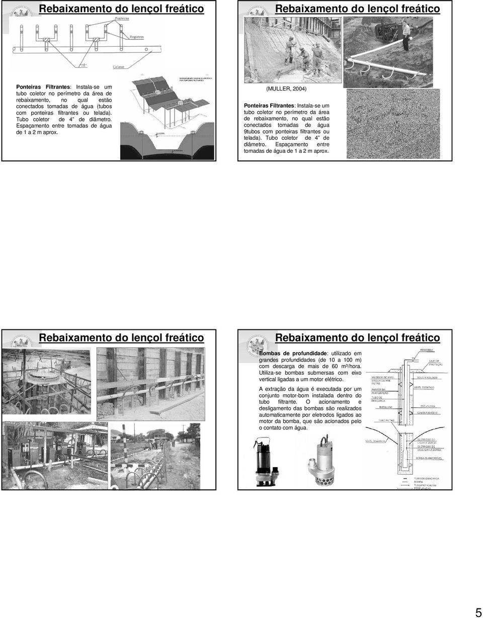 (MULLER, 2004) Ponteiras Filtrantes: Instala-se um tubo coletor no perímetro da área de rebaixamento, no qual estão conectados tomadas de água 9tubos com ponteiras filtrantes ou telada).