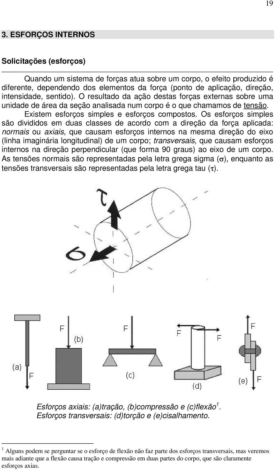 Os esforços simples são divididos em duas classes de acordo com a direção da força aplicada: normais ou axiais, que causam esforços internos na mesma direção do eixo (linha imaginária longitudinal)