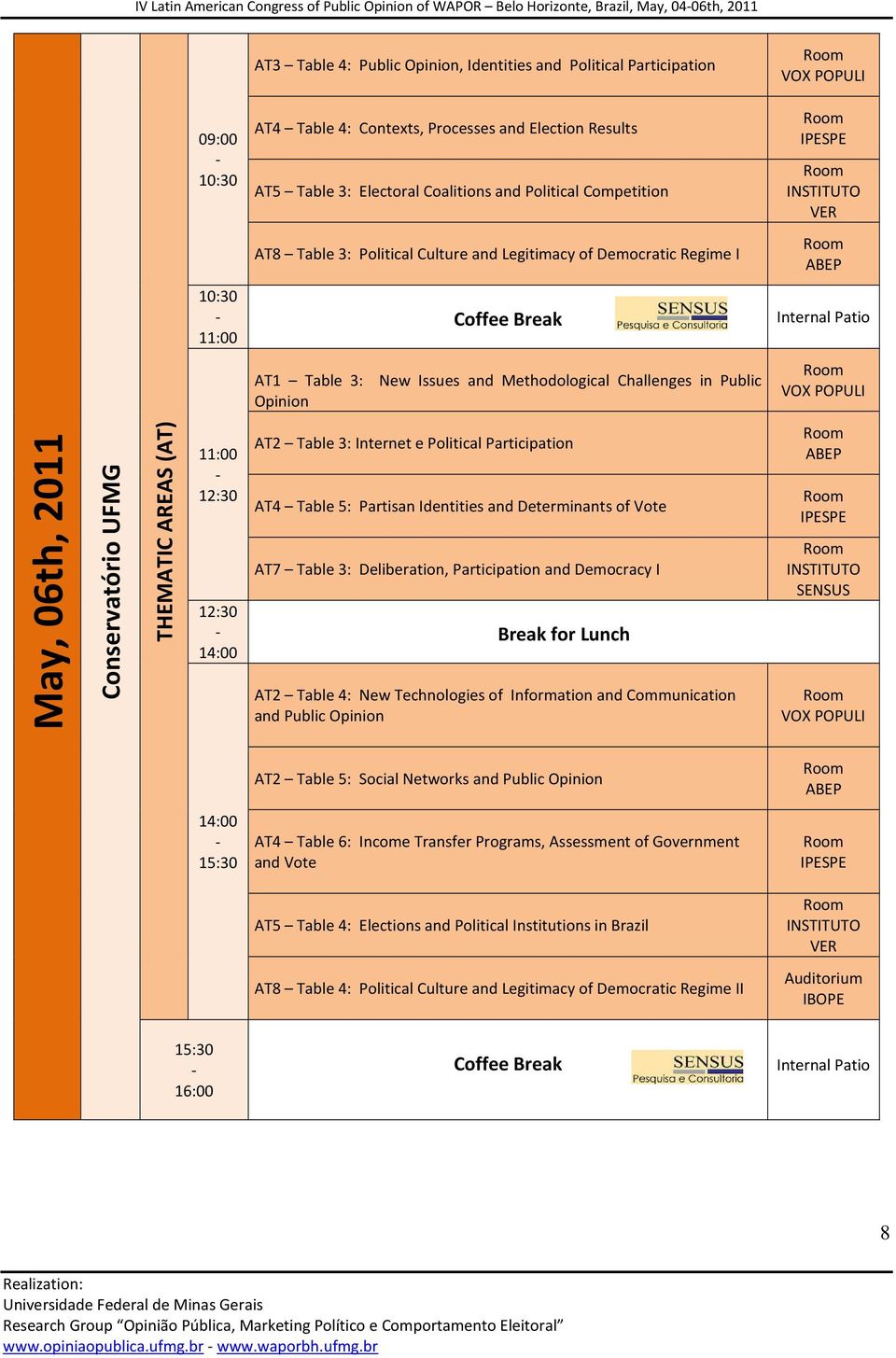 New Issues and Methodological Challenges in Public Opinion May, 06th, 2011 THEMATIC AREAS (AT) 11:00 12:30 12:30 14:00 AT2 Table 3: Internet e Political Participation AT4 Table 5: Partisan Identities