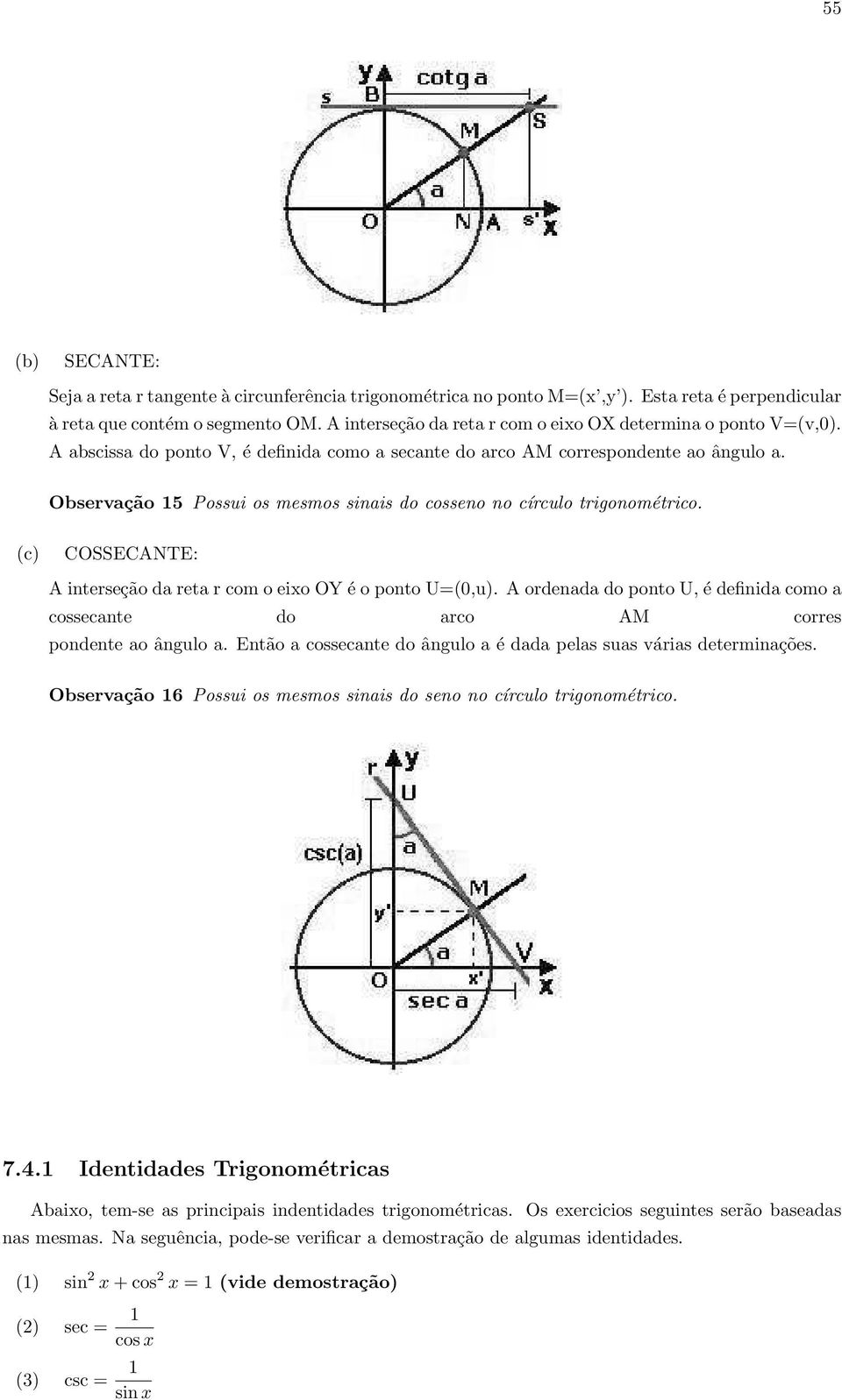 Observação 5 Possui os mesmos sinais do cosseno no círculo trigonométrico. (c) COSSECANTE: A interseção da reta r com o eixo OY é o ponto U=(0,u).