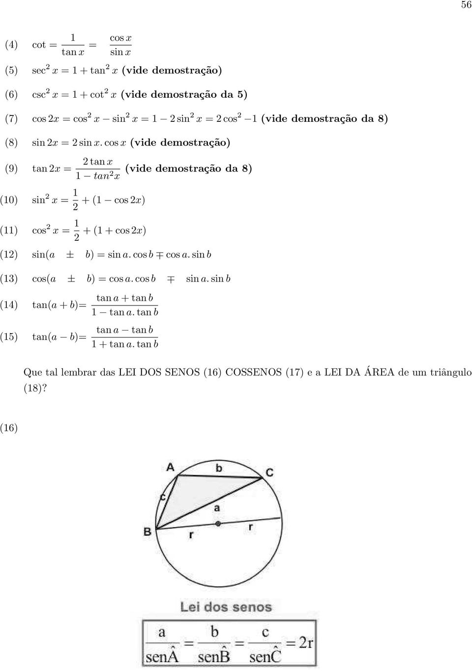 cos x (vide demostração) (9) tan2x = 2tan x tan 2 (vide demostração da 8) x (0) sin 2 x = + ( cos2x) 2 () cos 2 x = + ( + cos 2x) 2 (2) sin(a ± b) =