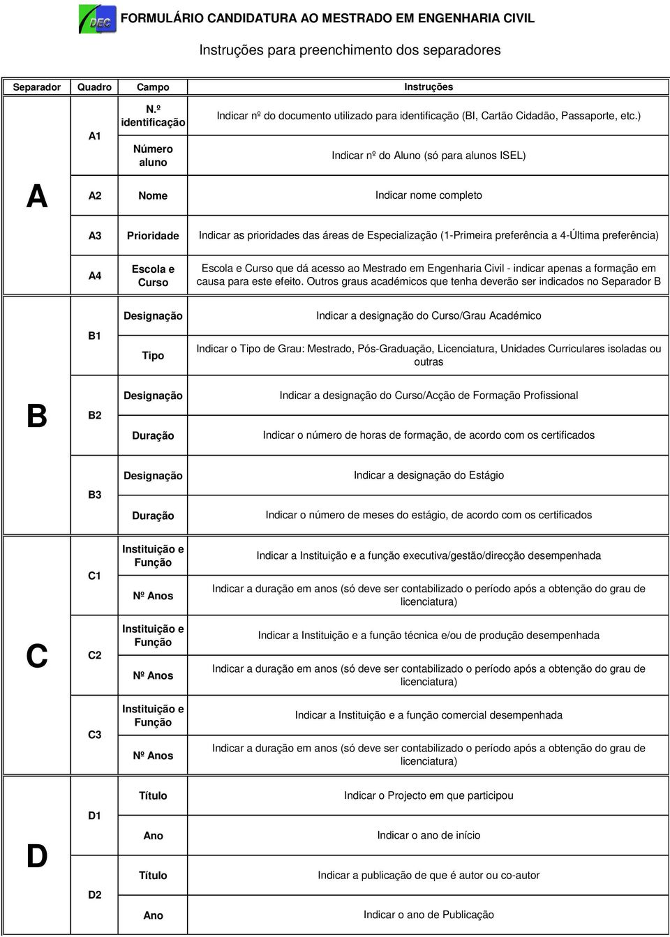 ) Indicar nº do Aluno (só para alunos ISEL) Indicar nome completo A3 Prioridade Indicar as prioridades das áreas de Especialização (1-Primeira preferência a 4-Última preferência) A4 Escola e Curso