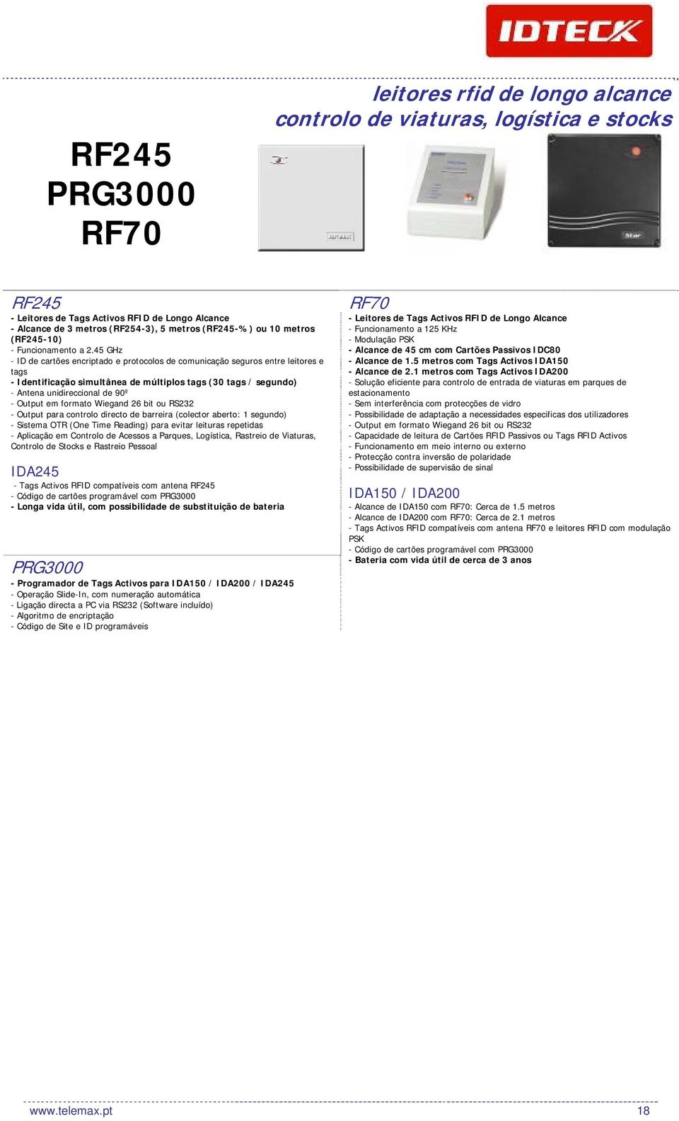 45 GHz - ID de cartões encriptado e protocolos de comunicação seguros entre leitores e tags - Identificação simultânea de múltiplos tags (30 tags / segundo) - Antena unidireccional de 90º - Output em