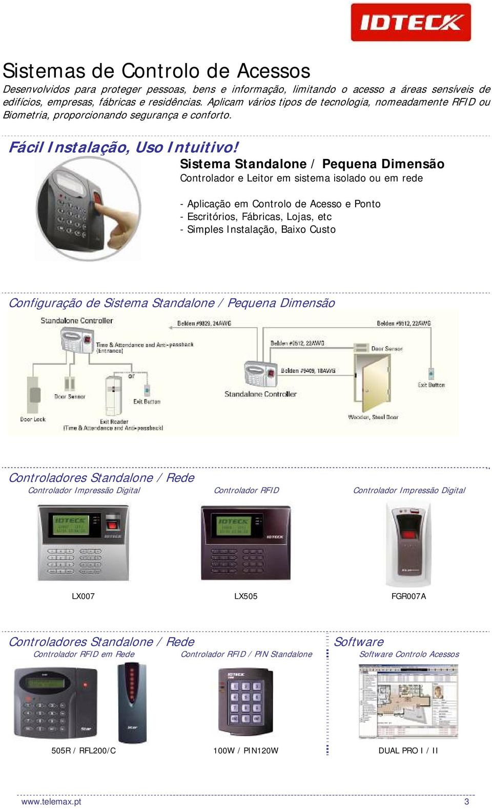 Sistema Standalone / Pequena Dimensão Controlador e Leitor em sistema isolado ou em rede - Aplicação em Controlo de Acesso e Ponto - Escritórios, Fábricas, Lojas, etc - Simples Instalação, Baixo