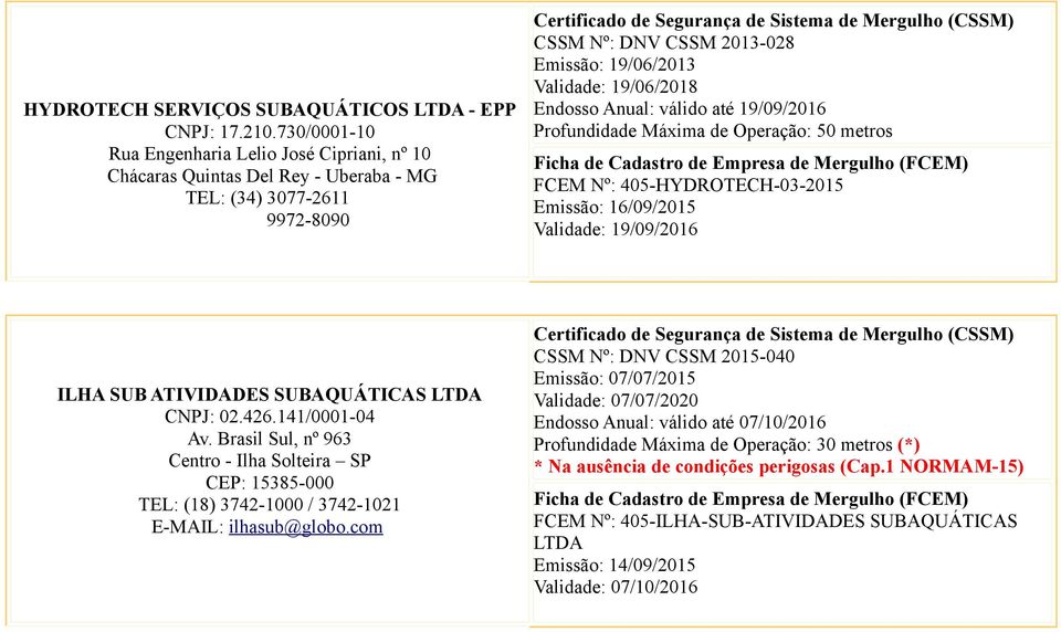 Anual: válido até 19/09/2016 Profundidade Máxima de Operação: 50 metros FCEM Nº: 405-HYDROTECH-03-2015 Emissão: 16/09/2015 Validade: 19/09/2016 ILHA SUB ATIVIDADES SUBAQUÁTICAS LTDA CNPJ: 02.426.