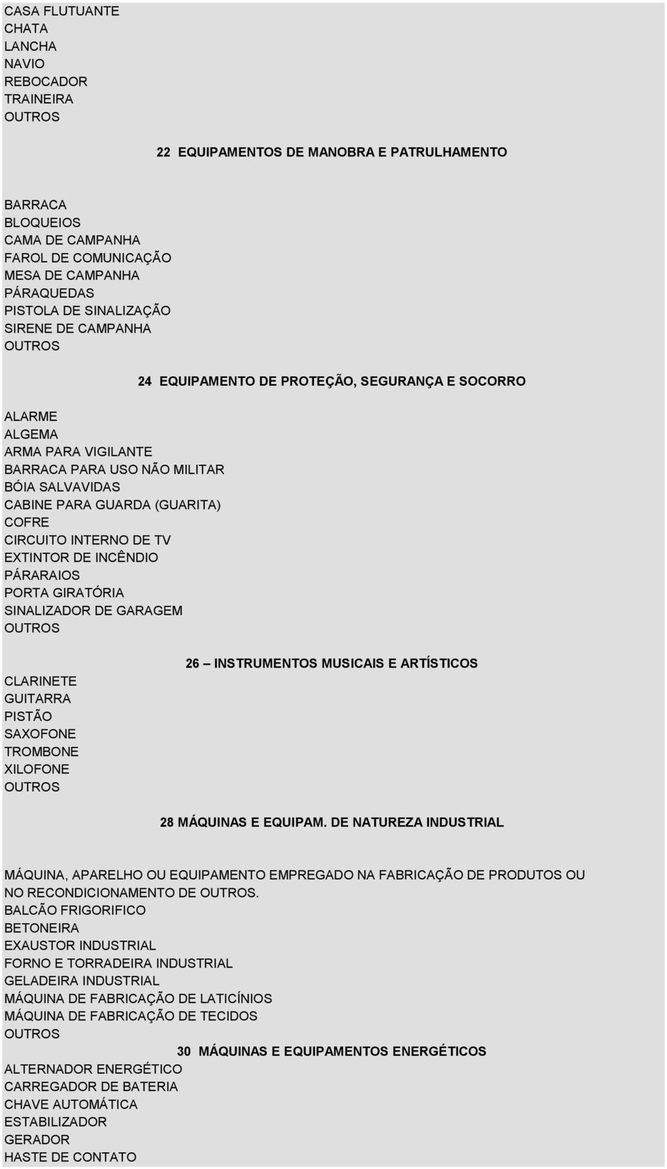 PORTA GIRATÓRIA SINALIZADOR DE GARAGEM 24 EQUIPAMENTO DE PROTEÇÃO, SEGURANÇA E SOCORRO CLARINETE GUITARRA PISTÃO SAXOFONE TROMBONE XILOFONE 26 INSTRUMENTOS MUSICAIS E ARTÍSTICOS 28 MÁQUINAS E EQUIPAM.