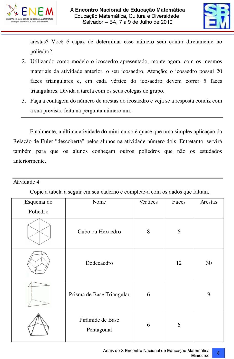 Atenção: o icosaedro possui 20 faces triangulares e, em cada vértice do icosaedro devem correr 5 faces triangulares. Divida a tarefa com os seus colegas de grupo. 3.