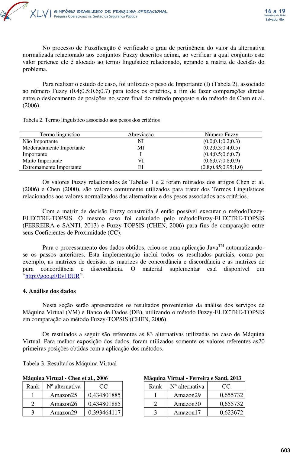 Para realizar o estudo de caso, foi utilizado o peso de Importante (I) (Tabela 2), associado ao número Fuzzy (0.4;0.5;0.6;0.