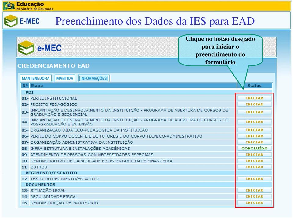 botão desejado para iniciar