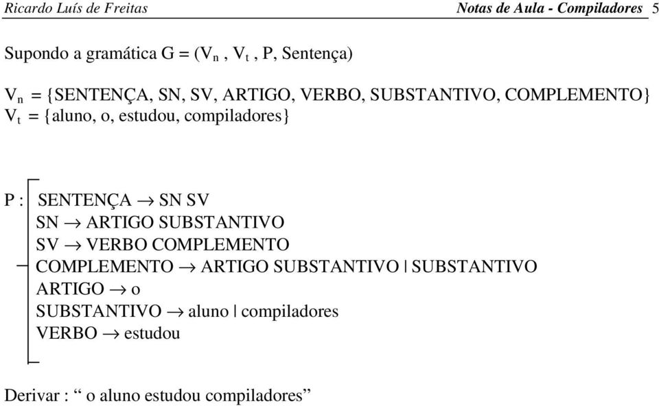 compiladores} P : SENTENÇA SN SV SN ARTIGO SUBSTANTIVO SV VERBO COMPLEMENTO COMPLEMENTO ARTIGO