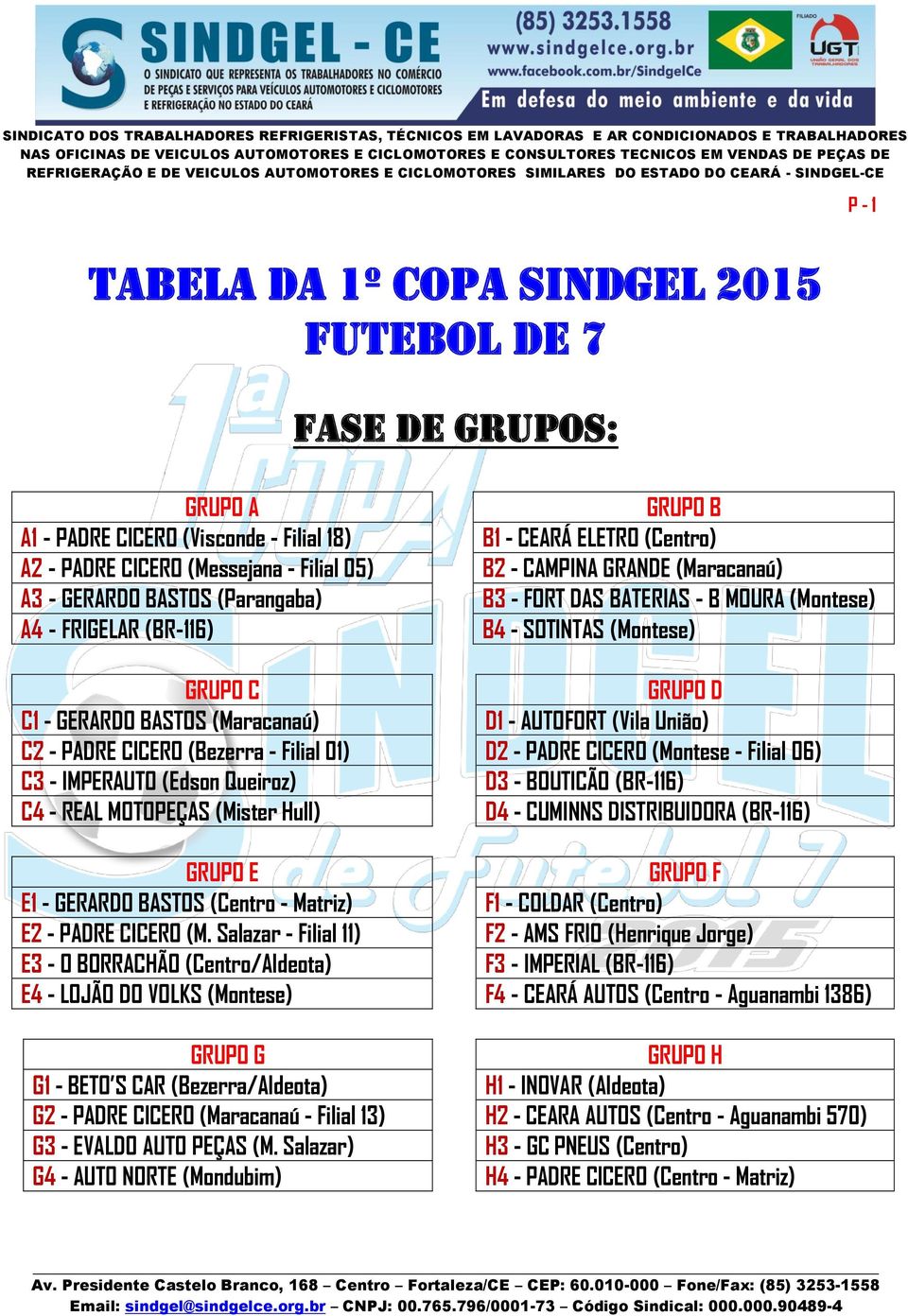 PADRE CICERO (Bezerra - Filial 01) C3 - IMPERAUTO (Edson Queiroz) C4 - REAL MOTOPEÇAS (Mister Hull) GRUPO E E1 - GERARDO BASTOS (Centro - Matriz) E2 - PADRE CICERO (M.