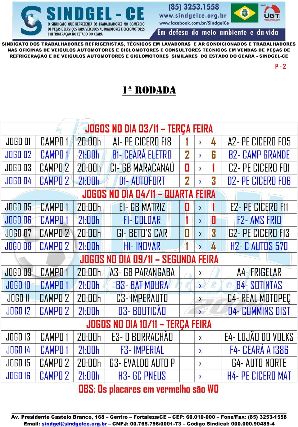 06 CAMPO 1 21:00h F1- COLDAR 1 x 0 F2- AMS FRIO JOGO 07 CAMPO 2 20:00h G1- BETO S CAR 0 x 3 G2- PE CICERO F13 JOGO 08 CAMPO 2 21:00h H1- INOVAR 1 x 4 H2- C AUTOS 570 JOGOS NO DIA 09/11 SEGUNDA FEIRA