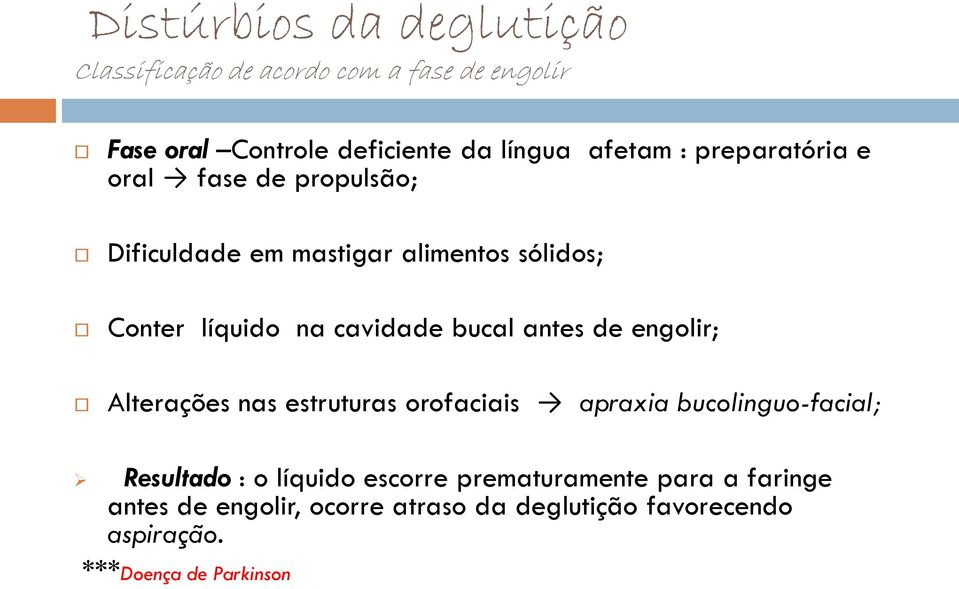 cavidade bucal antes de engolir; Alterações nas estruturas orofaciais apraxia bucolinguo-facial; Resultado : o