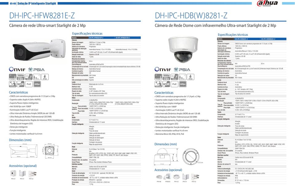 65 (Cor) Ultra Intervalo Dinâmico Amplo (WDR) de até 120 db Ultra Redução de Ruídos Tridimensional (3D DNR) Ultra desembaçamento, Região de interesse (ROI), Estabilização Eletrônica de Imagem (EIS)